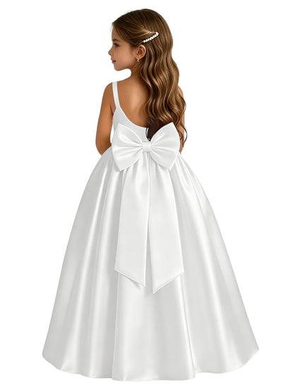 dideyttawl Satin Flower Girl Dresses with Bow Elegant Communion Dress for Girls A-Line Formal Party Gown with Bow