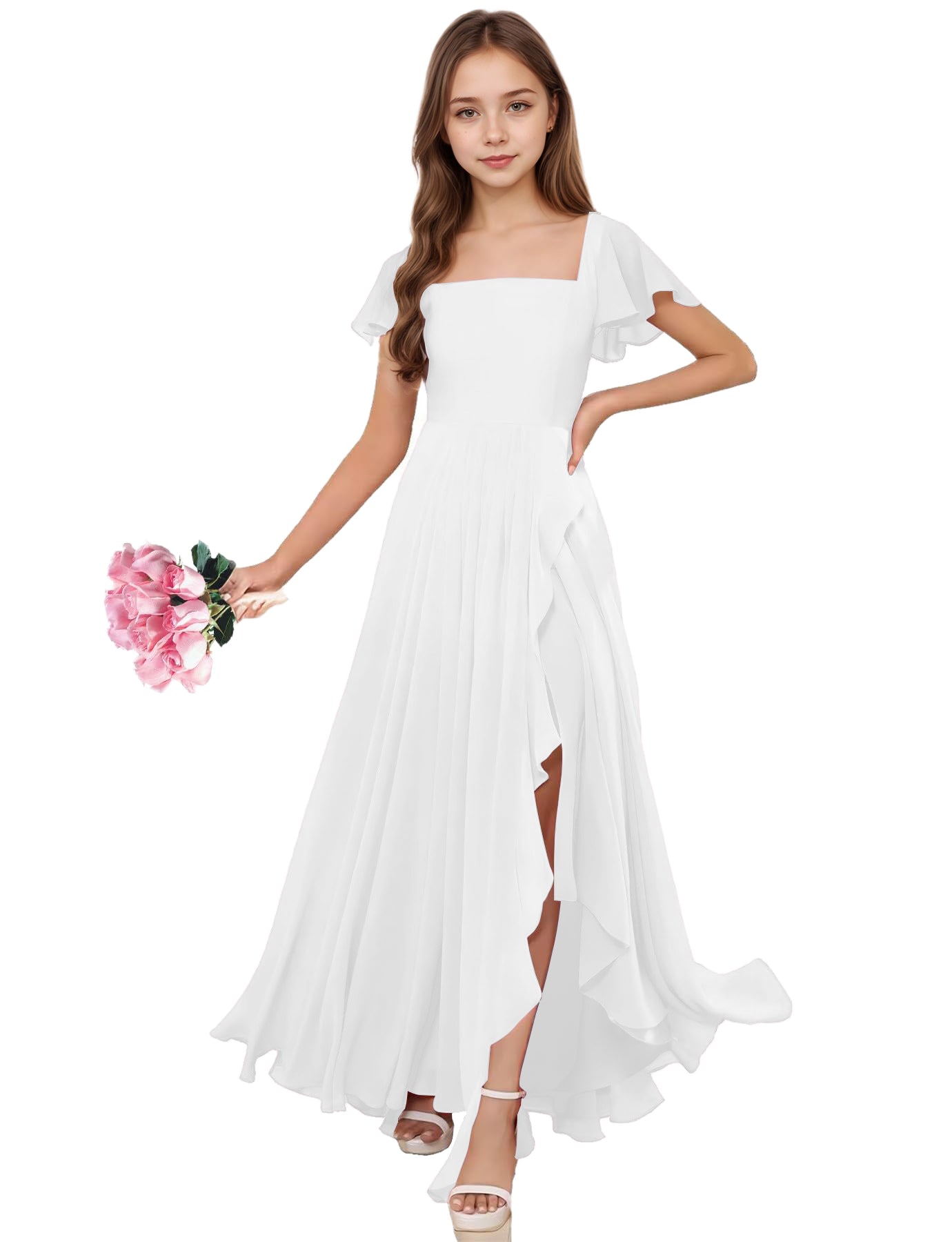 dideyttawl Junior Bridesmaid Dresses Ruffle Sleeve Square Neck Chiffon A-Line Flower Girl Dress with Slit 2508