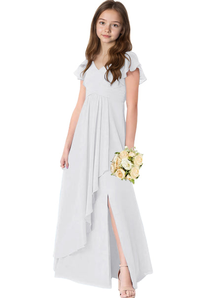 dideyttawl Chiffon Junior Bridesmaid Dresses V Neck Ruffle Sleeves Chiffon Pleated Flowy Flower Girls Dress or 4-16 2506
