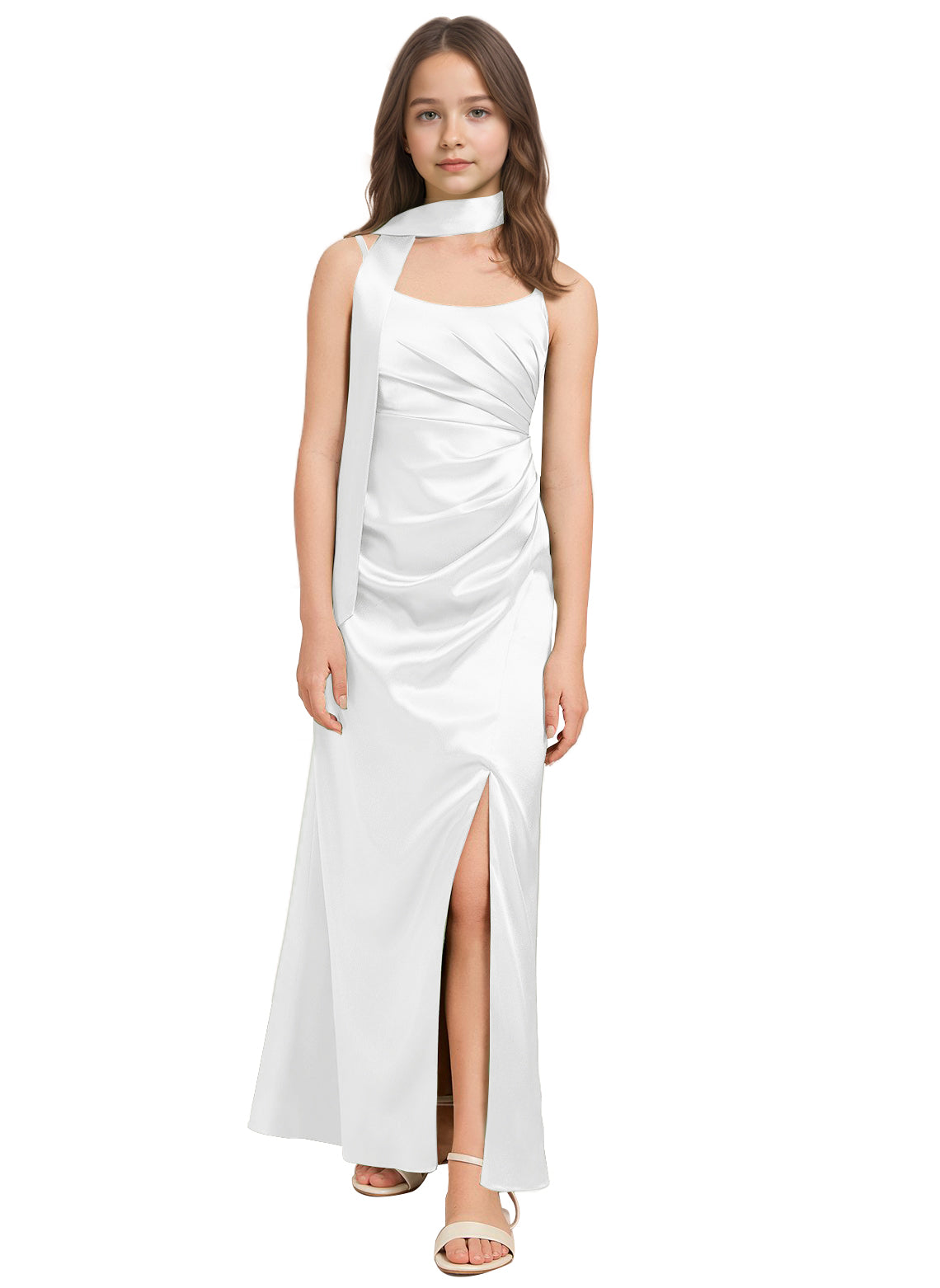 dideyttawl Satin Junior Bridesmaid Dress with Scarf for Girls 4-16 Silk Flower Girl Dress 2527