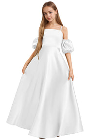 Dideyttawl Cold Shoulder Junior Bridesmaid Dress Satin Girls Pageant Gown 2525