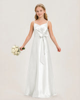 White Satin A-line Junior Bridesmaid Dress Front View