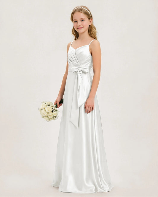 White Satin A-line Junior Bridesmaid Dress Front View