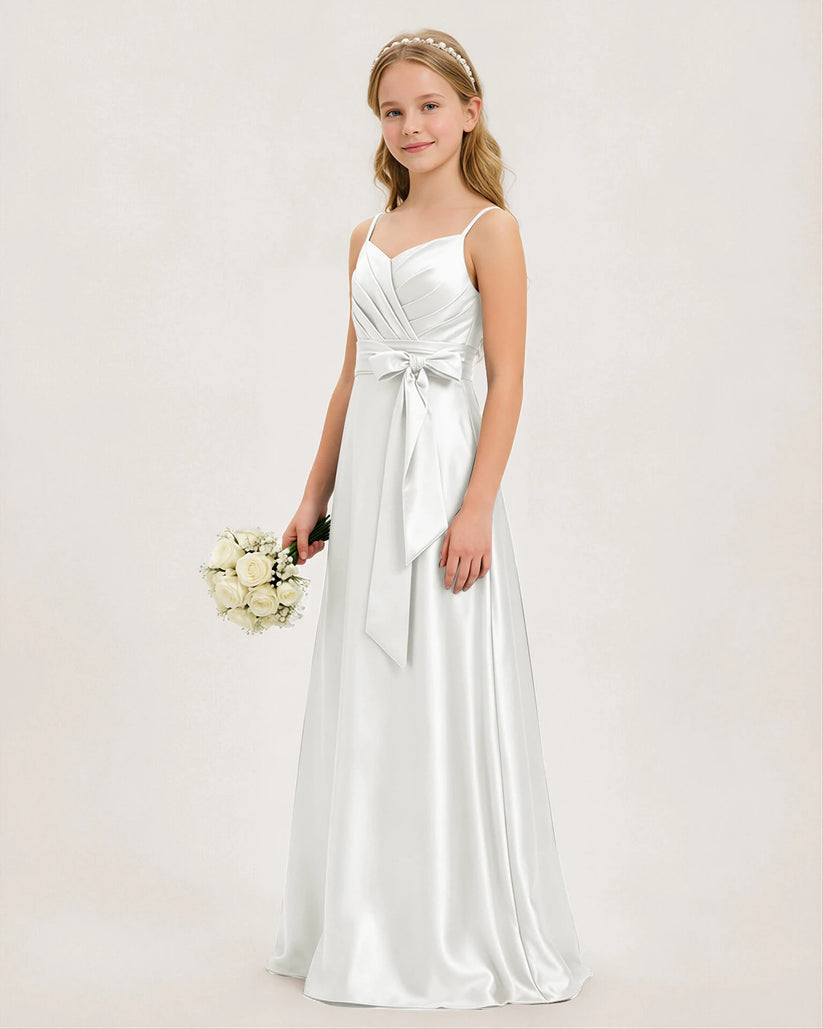 White Satin A-line Junior Bridesmaid Dress Front View