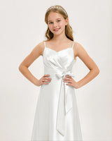 White Satin A-line Junior Bridesmaid Dress Front View