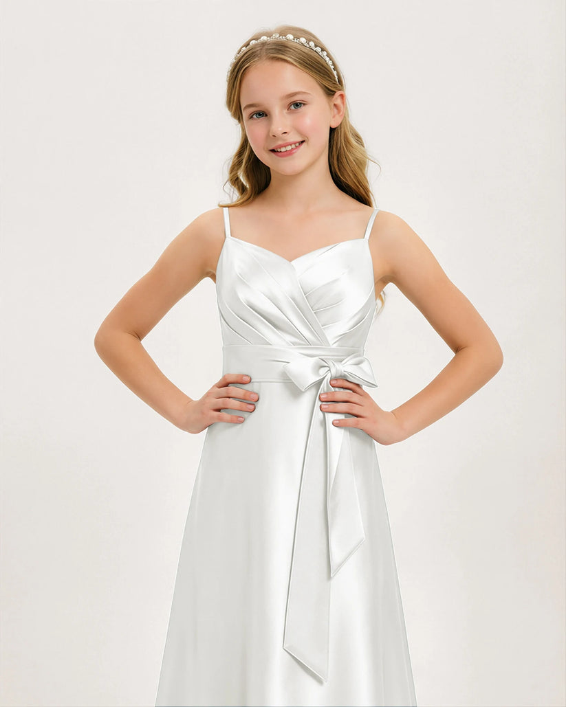 White Satin A-line Junior Bridesmaid Dress Front View