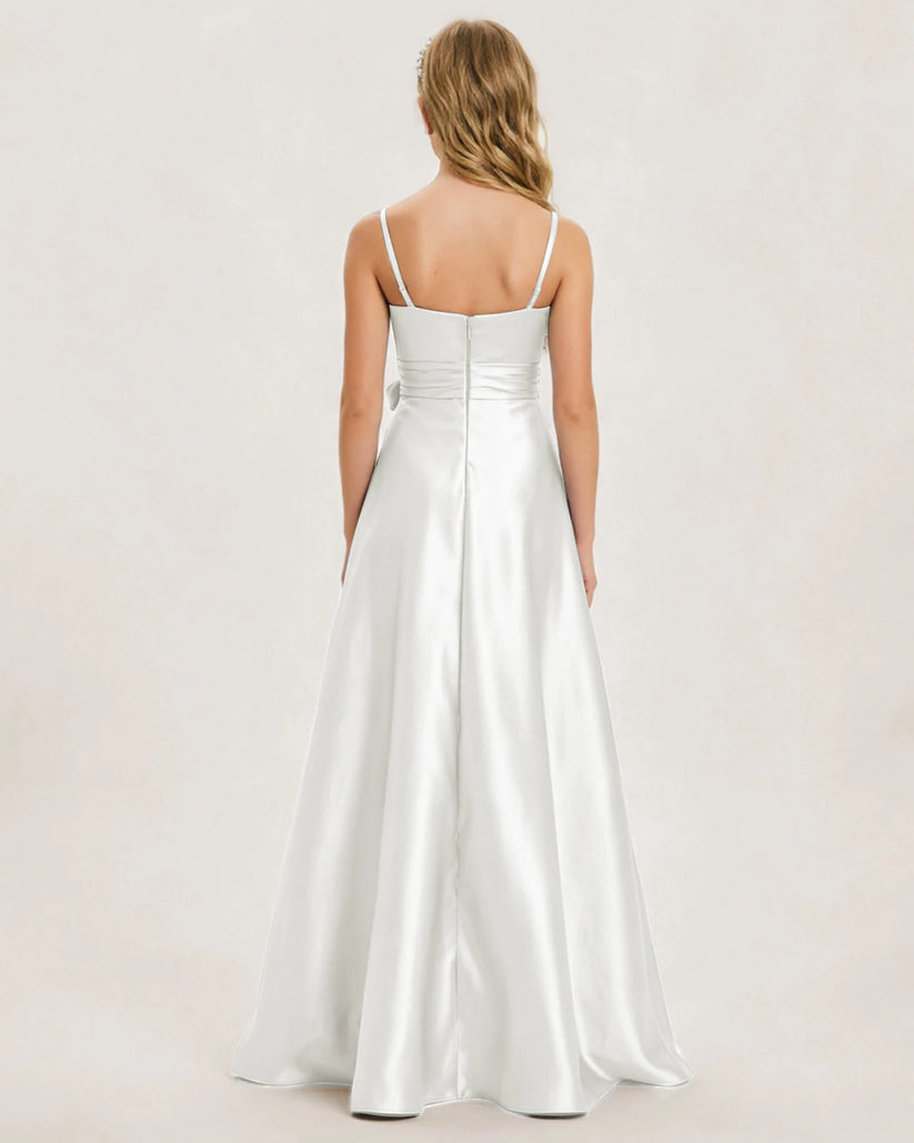 White Satin A-line Junior Bridesmaid Dress Back View