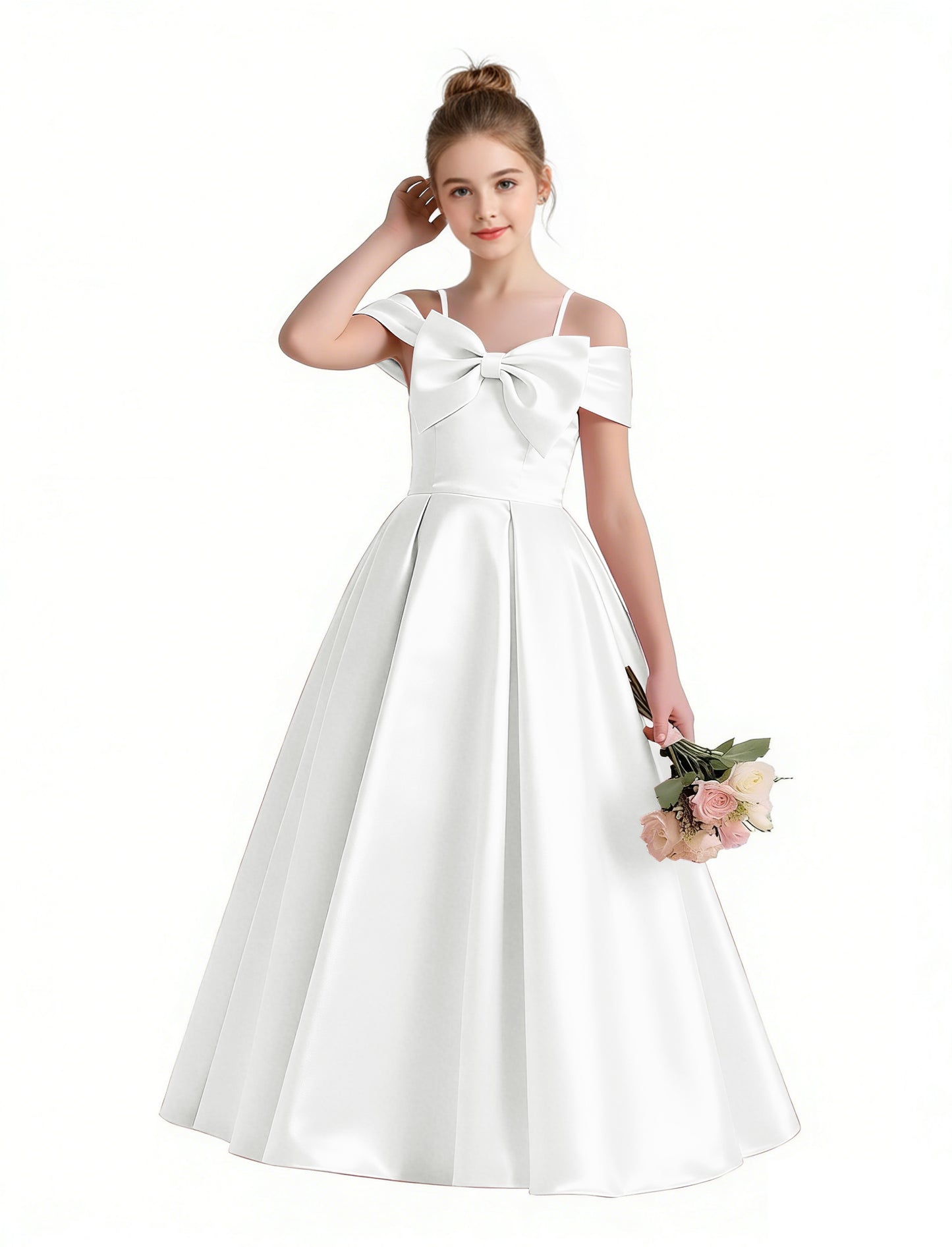 dideyttawl 2026 Off Shoulder Flower Girl Dress Big Bow Junior Bridesmaid Dress A-Line Sleeveless Prom Ball Gown 2790