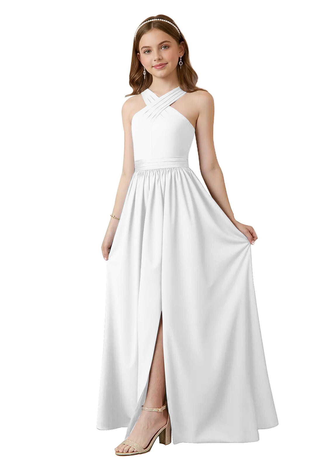 dideyttawl Junior Bridesmaid Dresses for Teen Girls Satin Halter A-Line Flower Girl Dress for Wedding 2531