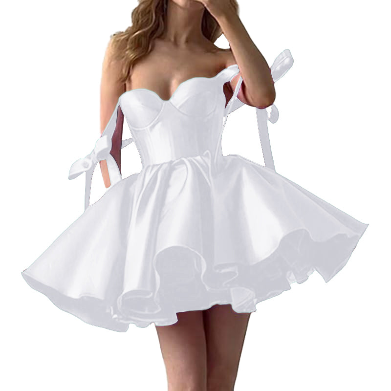 2025 Lace up Back Mini Wedding Dress Elegant Short Formal Dress Women Backless Puffy Prom Dress