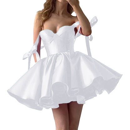 2025 Lace up Back Mini Wedding Dress Elegant Short Formal Dress Women Backless Puffy Prom Dress