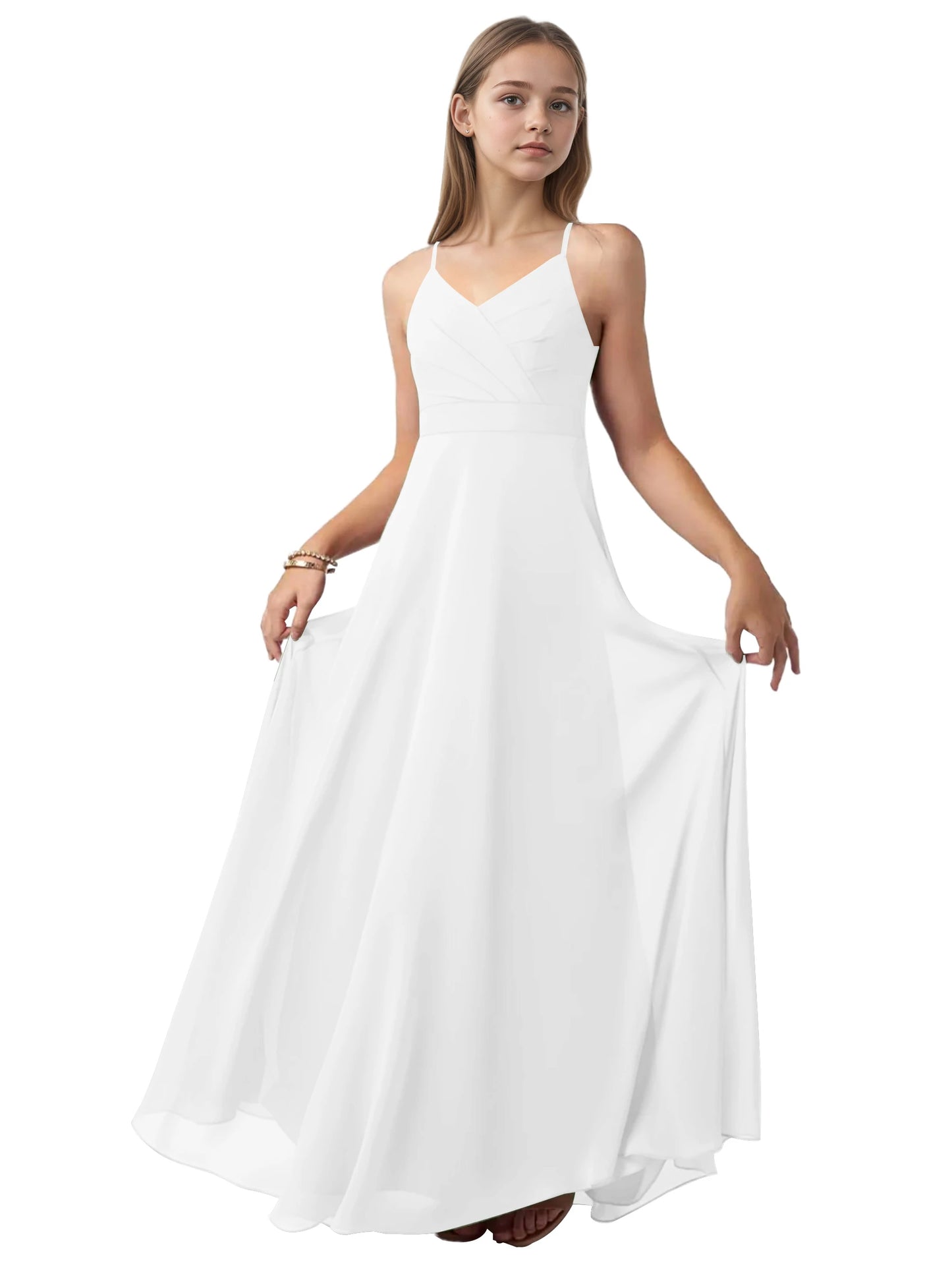 dideyttawl V-Neck Junior Bridesmaid Dress Spaghetti Straps Pleated Chiffon A-Line Flower Girl Dress 2510