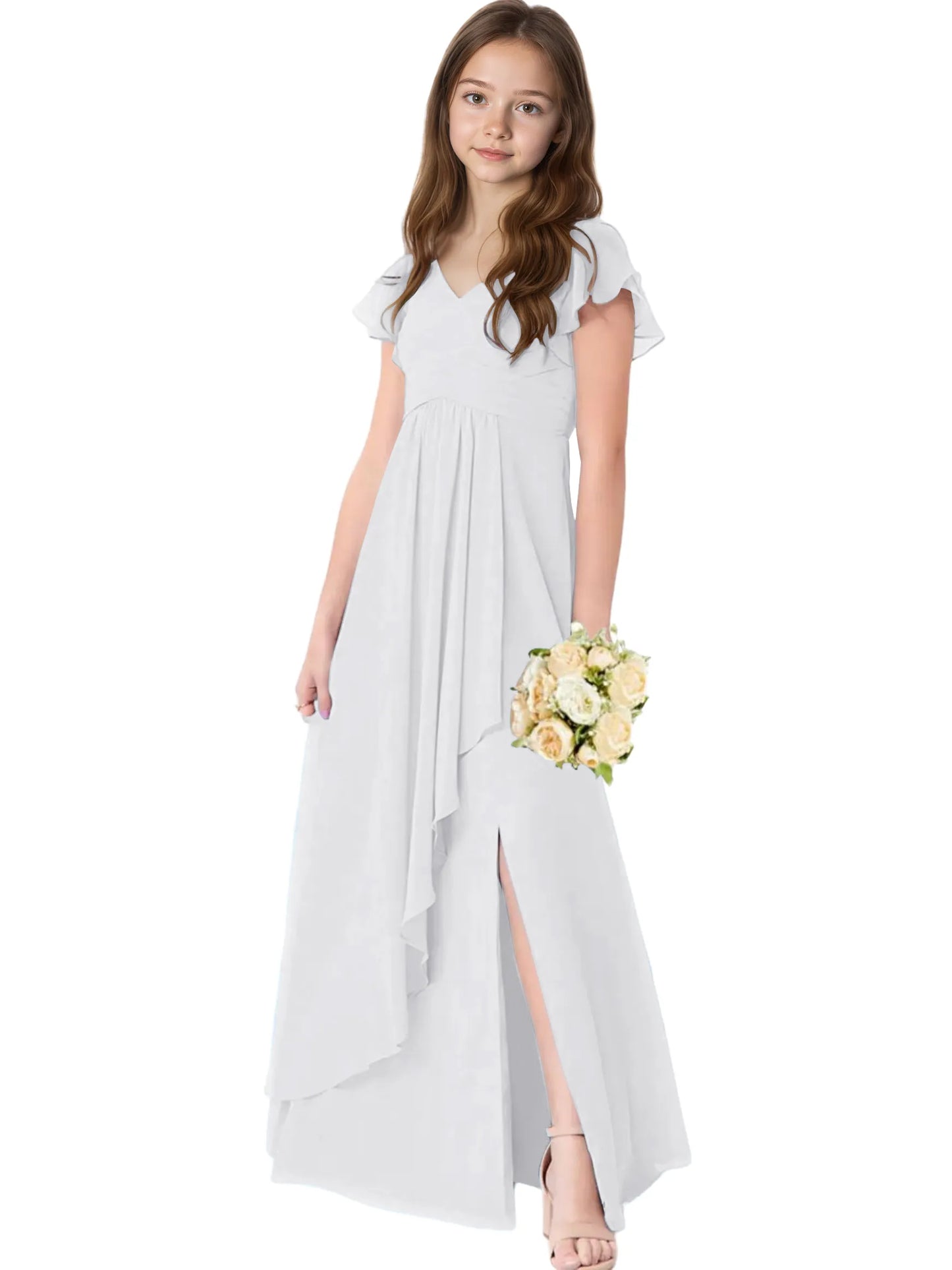 Dideyttawl Chiffon Junior Bridesmaid Dresses Ruffle Sleeves Party Gown 2506