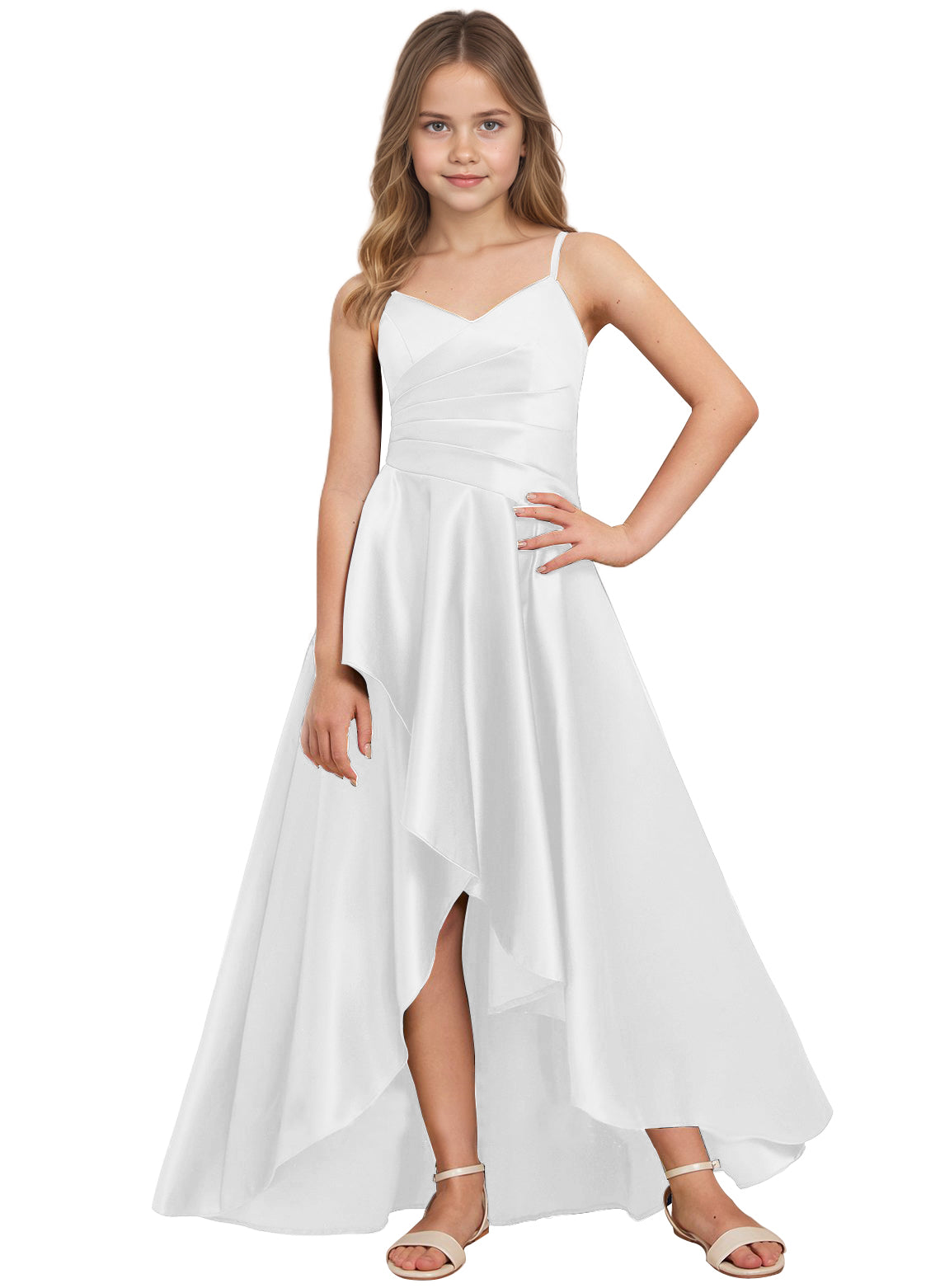 dideyttawl High Low Junior Bridesmaid Dress V-Neck Silk Satin Flower Girl Dress Sleeveless Formal Special Occasion Dress for Wedding 2523