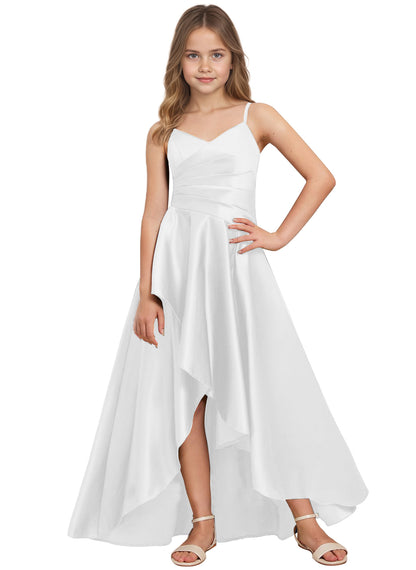 dideyttawl High Low Junior Bridesmaid Dress V-Neck Silk Satin Flower Girl Dress Sleeveless Formal Special Occasion Dress for Wedding 2523