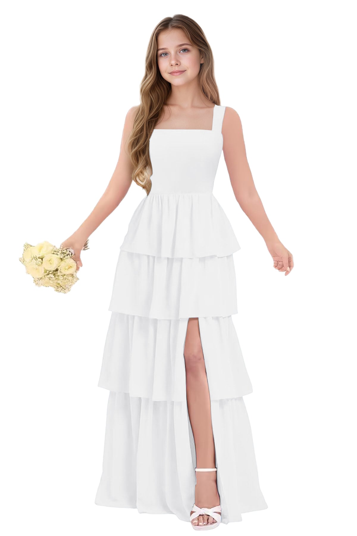 dideyttawl Junior Bridesmaid Dress Spaghetti Strap Square Neck Layered Chiffon A-Line Flower Girl Dress with Slit 2509