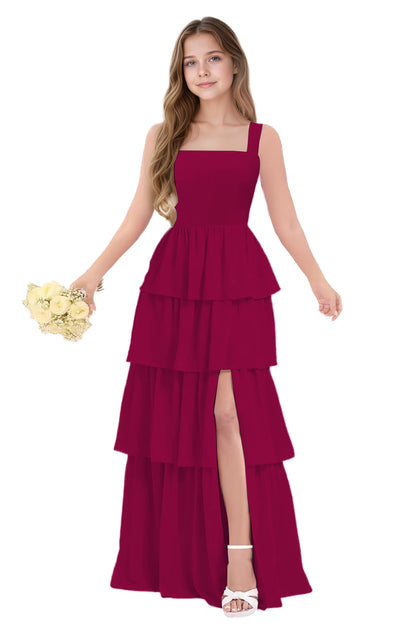 dideyttawl Junior Bridesmaid Dress Spaghetti Strap Square Neck Layered Chiffon A-Line Flower Girl Dress with Slit 2509