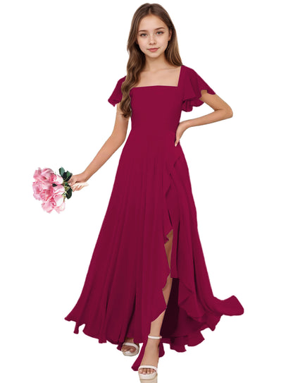 dideyttawl Junior Bridesmaid Dresses Ruffle Sleeve Square Neck Chiffon A-Line Flower Girl Dress with Slit 2508