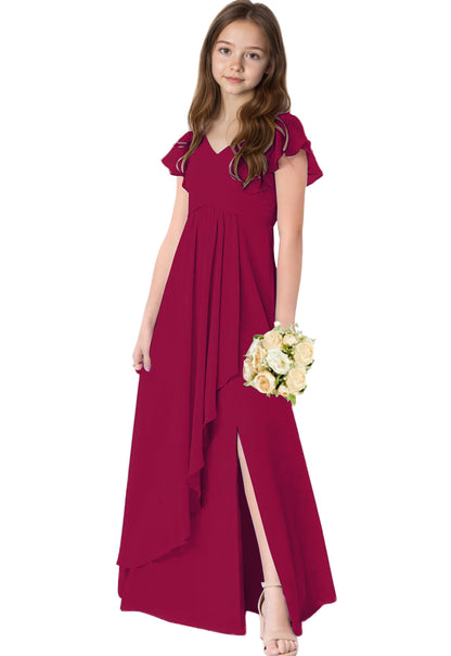 dideyttawl Chiffon Junior Bridesmaid Dresses V Neck Ruffle Sleeves Chiffon Pleated Flowy Flower Girls Dress or 4-16 2506