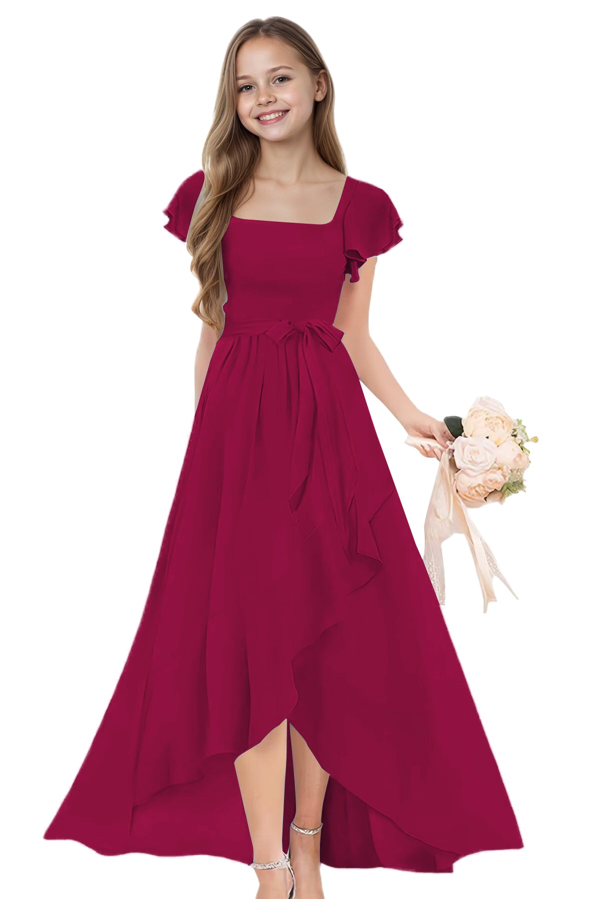 dideyttawl Long Junior Bridesmaid Dresses Ruffle Sleeve Square Neck Chiffon Flower Girl Dress for Wedding 2507