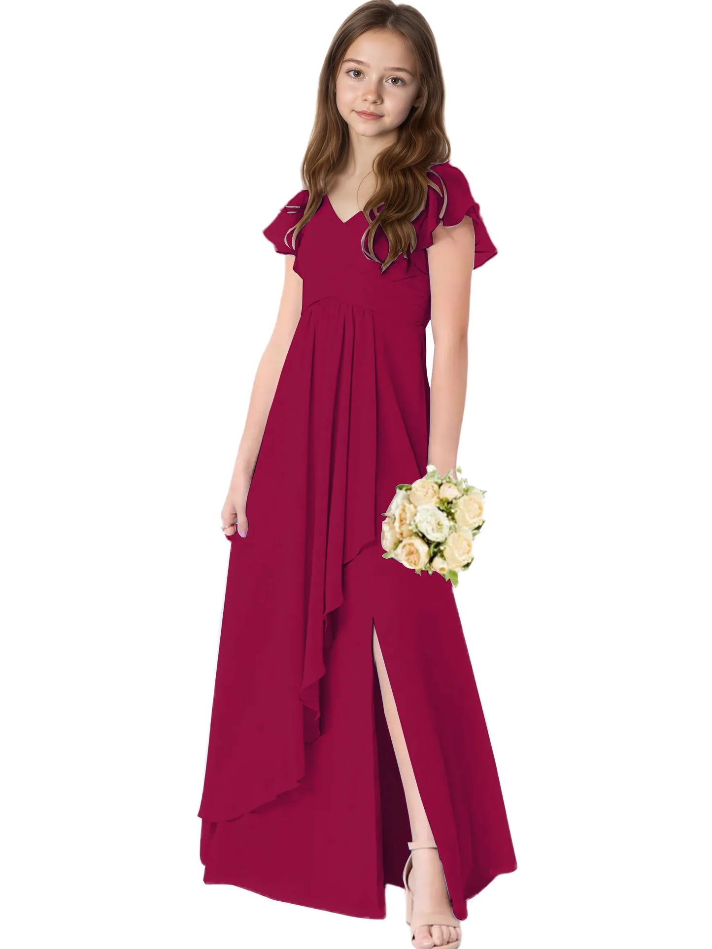 Dideyttawl Chiffon Junior Bridesmaid Dresses Ruffle Sleeves Party Gown 2506