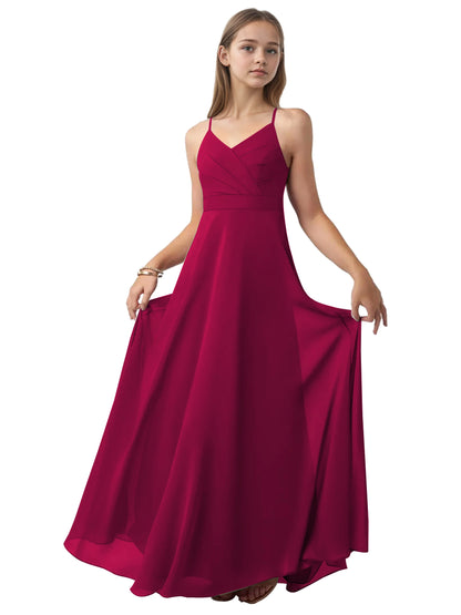 dideyttawl V-Neck Junior Bridesmaid Dress Spaghetti Straps Pleated Chiffon A-Line Flower Girl Dress 2510