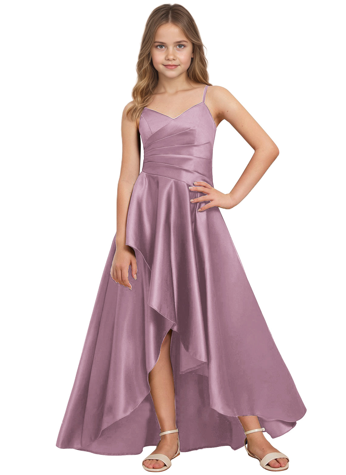 dideyttawl High Low Junior Bridesmaid Dress V-Neck Silk Satin Flower Girl Dress Sleeveless Formal Special Occasion Dress for Wedding 2523
