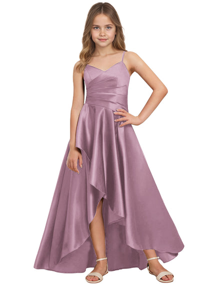 dideyttawl High Low Junior Bridesmaid Dress V-Neck Silk Satin Flower Girl Dress Sleeveless Formal Special Occasion Dress for Wedding 2523