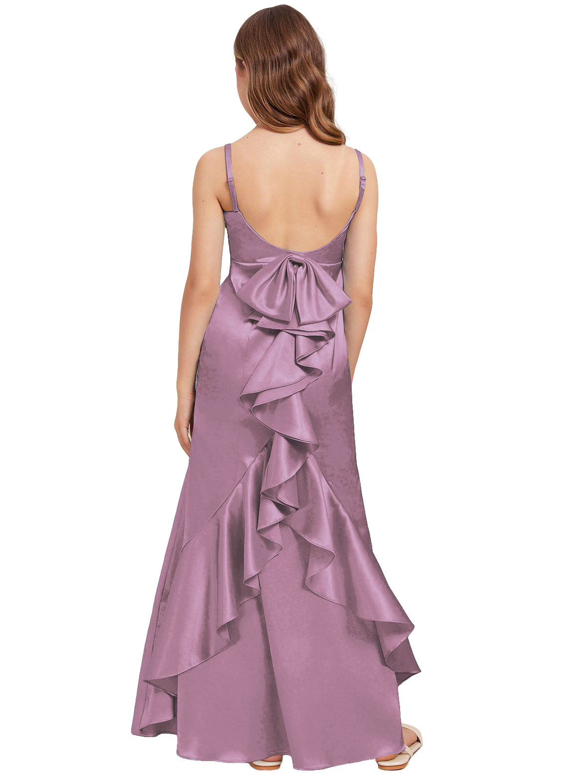 dideyttawl Mermaid Junior Bridesmaid Dress with Slit V-Neck Ruffles Bow Stretch Satin Flower Girl Dress Sleeveless Formal Special Occasion Dress for Wedding 2522