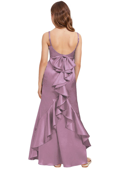 dideyttawl Mermaid Junior Bridesmaid Dress with Slit V-Neck Ruffles Bow Stretch Satin Flower Girl Dress Sleeveless Formal Special Occasion Dress for Wedding 2522