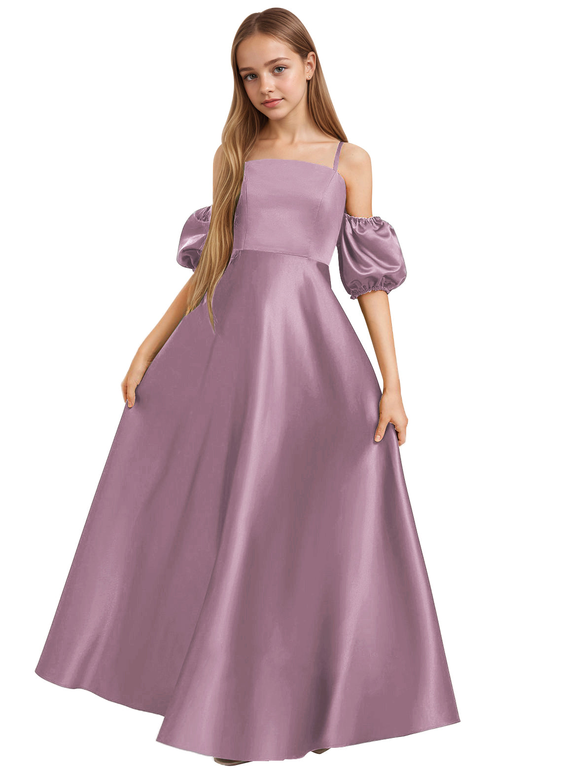 Dideyttawl Cold Shoulder Junior Bridesmaid Dress Satin Girls Pageant Gown 2525