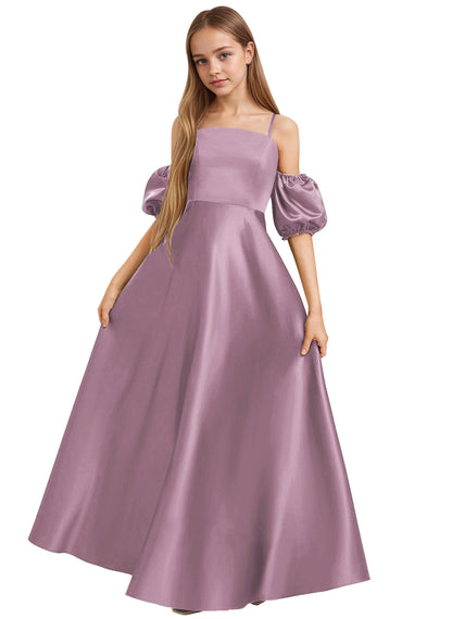 dideyttawl Girls A-Line Cold Shoulder Junior Bridesmaid Dress Silk Satin Flower Girl Dress 2525