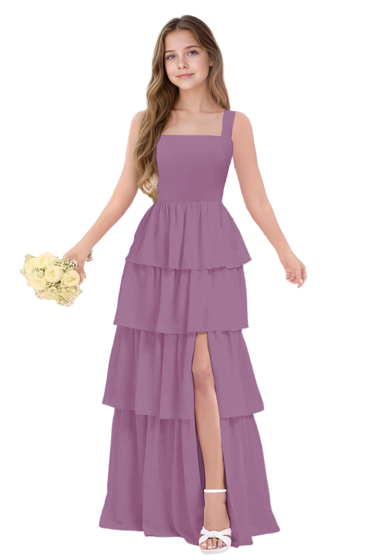 dideyttawl Junior Bridesmaid Dress Spaghetti Strap Square Neck Layered Chiffon A-Line Flower Girl Dress with Slit 2509