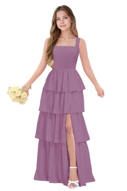 dideyttawl Junior Bridesmaid Dress Spaghetti Strap Square Neck Layered Chiffon A-Line Flower Girl Dress with Slit 2509