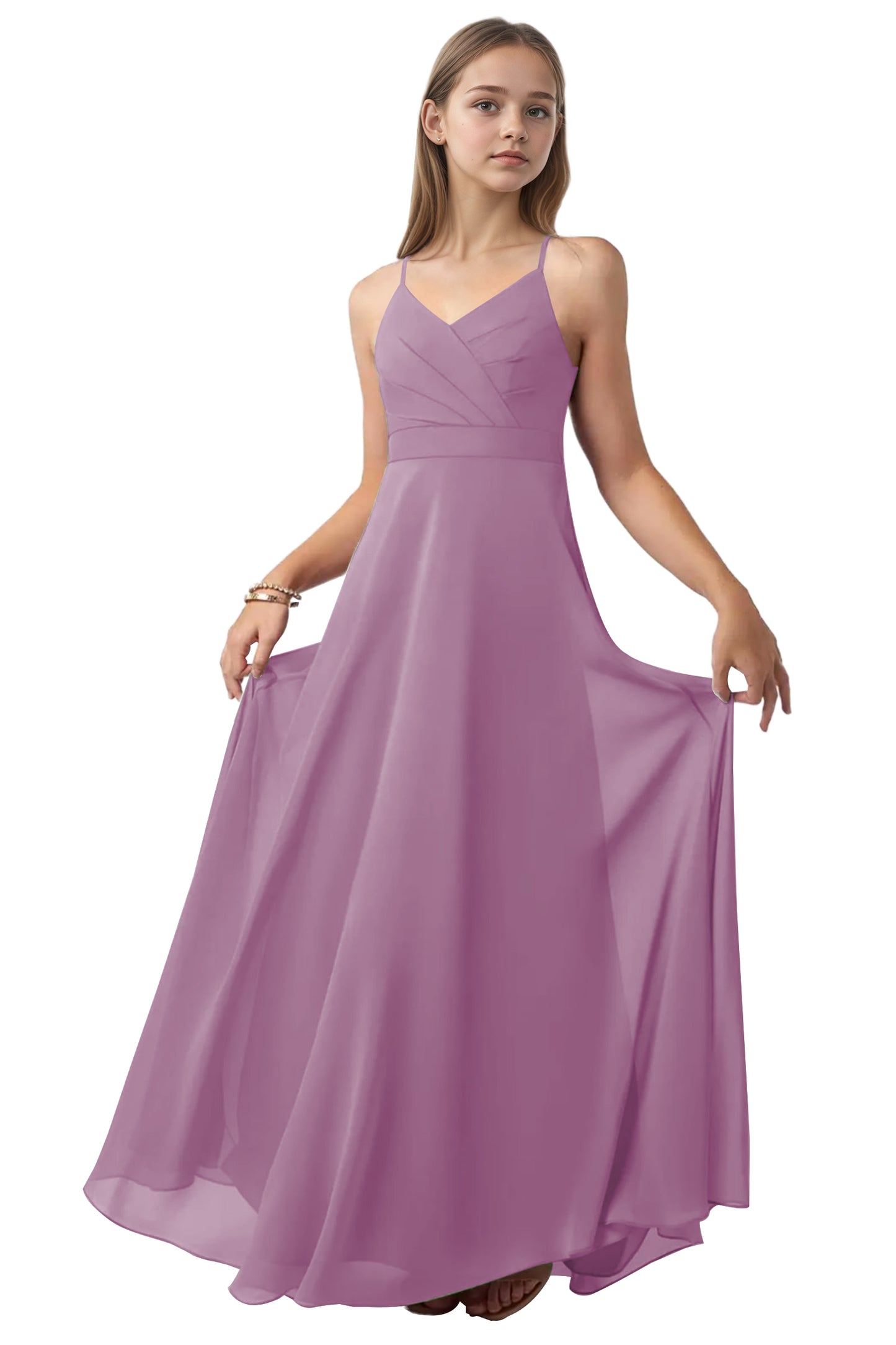 dideyttawl V-Neck Junior Bridesmaid Dress Spaghetti Straps Pleated Chiffon A-Line Flower Girl Dress 2510