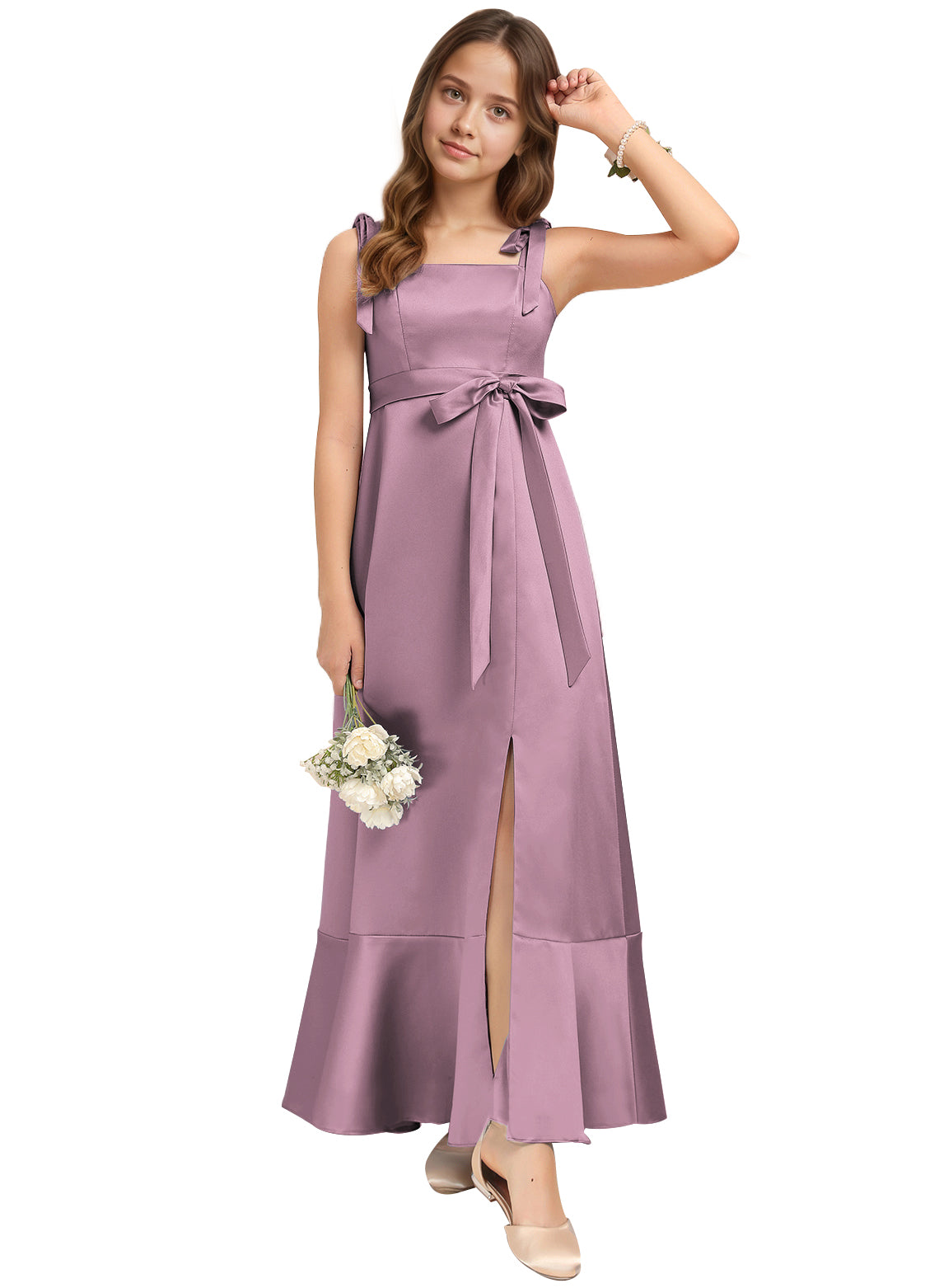 dideyttawl Junior Bridesmaid Dresses for Teens Silk Satin Adjustable Straps Flower Girl Dress with Slit 2529