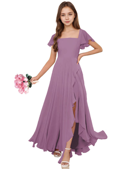 dideyttawl Junior Bridesmaid Dresses Ruffle Sleeve Square Neck Chiffon A-Line Flower Girl Dress with Slit 2508