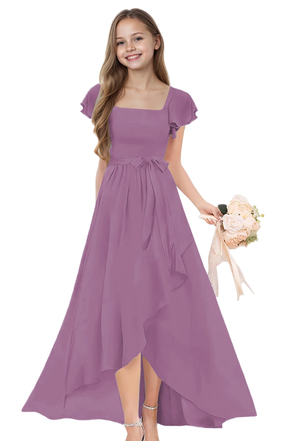 dideyttawl Long Junior Bridesmaid Dresses Ruffle Sleeve Square Neck Chiffon Flower Girl Dress for Wedding 2507