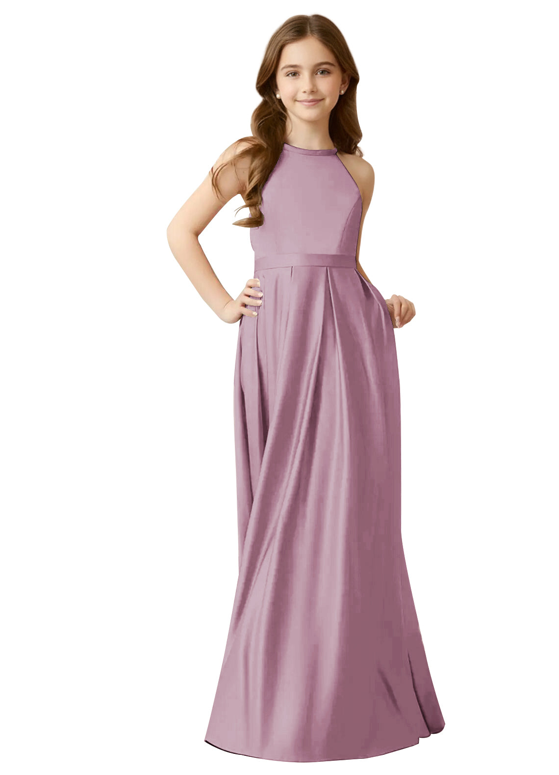 dideyttawl A-Line Junior Bridesmaid Dresses Halter Flower Girls Dress Satin Adjustable Straps Formal Gown 2532