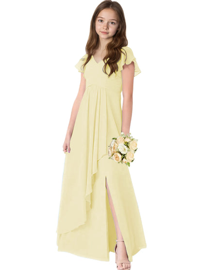 Dideyttawl Chiffon Junior Bridesmaid Dresses Ruffle Sleeves Party Gown 2506