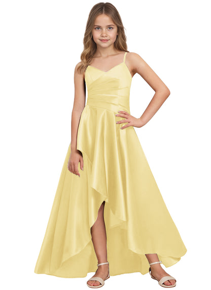 dideyttawl High Low Junior Bridesmaid Dress V-Neck Silk Satin Flower Girl Dress Sleeveless Formal Special Occasion Dress for Wedding 2523
