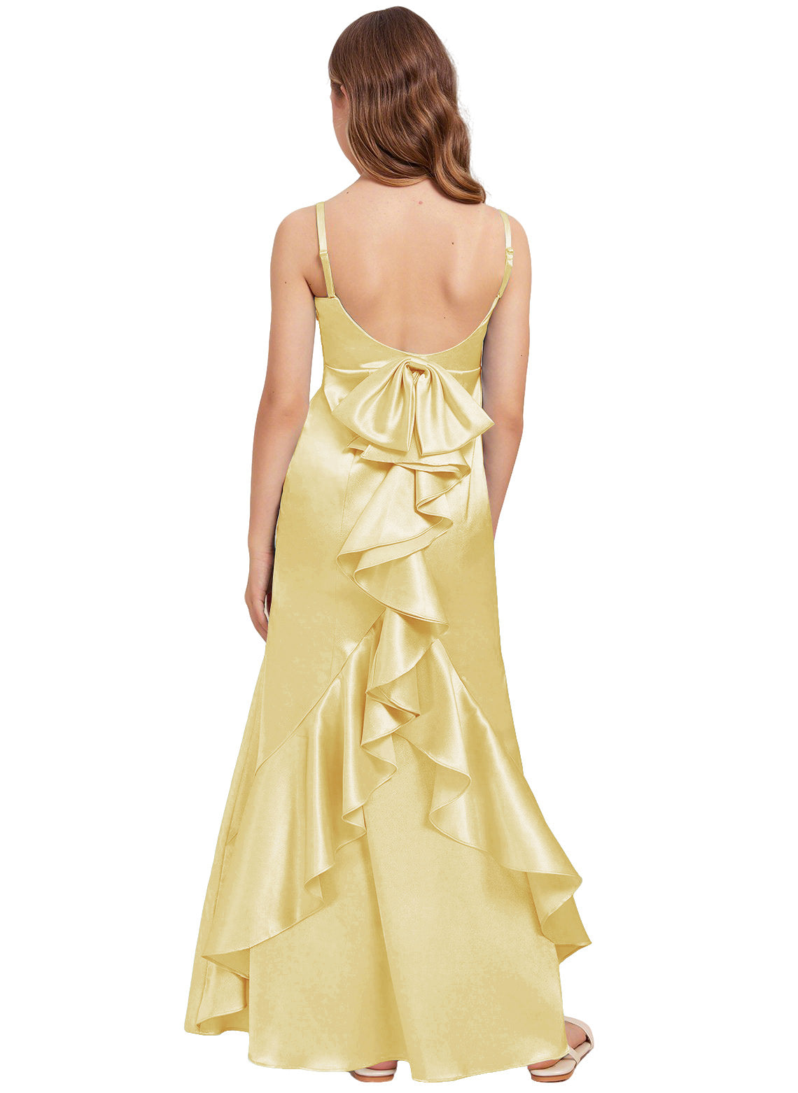 dideyttawl Mermaid Junior Bridesmaid Dress with Slit V-Neck Ruffles Bow Stretch Satin Flower Girl Dress Sleeveless Formal Special Occasion Dress for Wedding 2522