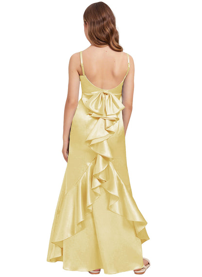 dideyttawl Mermaid Junior Bridesmaid Dress with Slit V-Neck Ruffles Bow Stretch Satin Flower Girl Dress Sleeveless Formal Special Occasion Dress for Wedding 2522