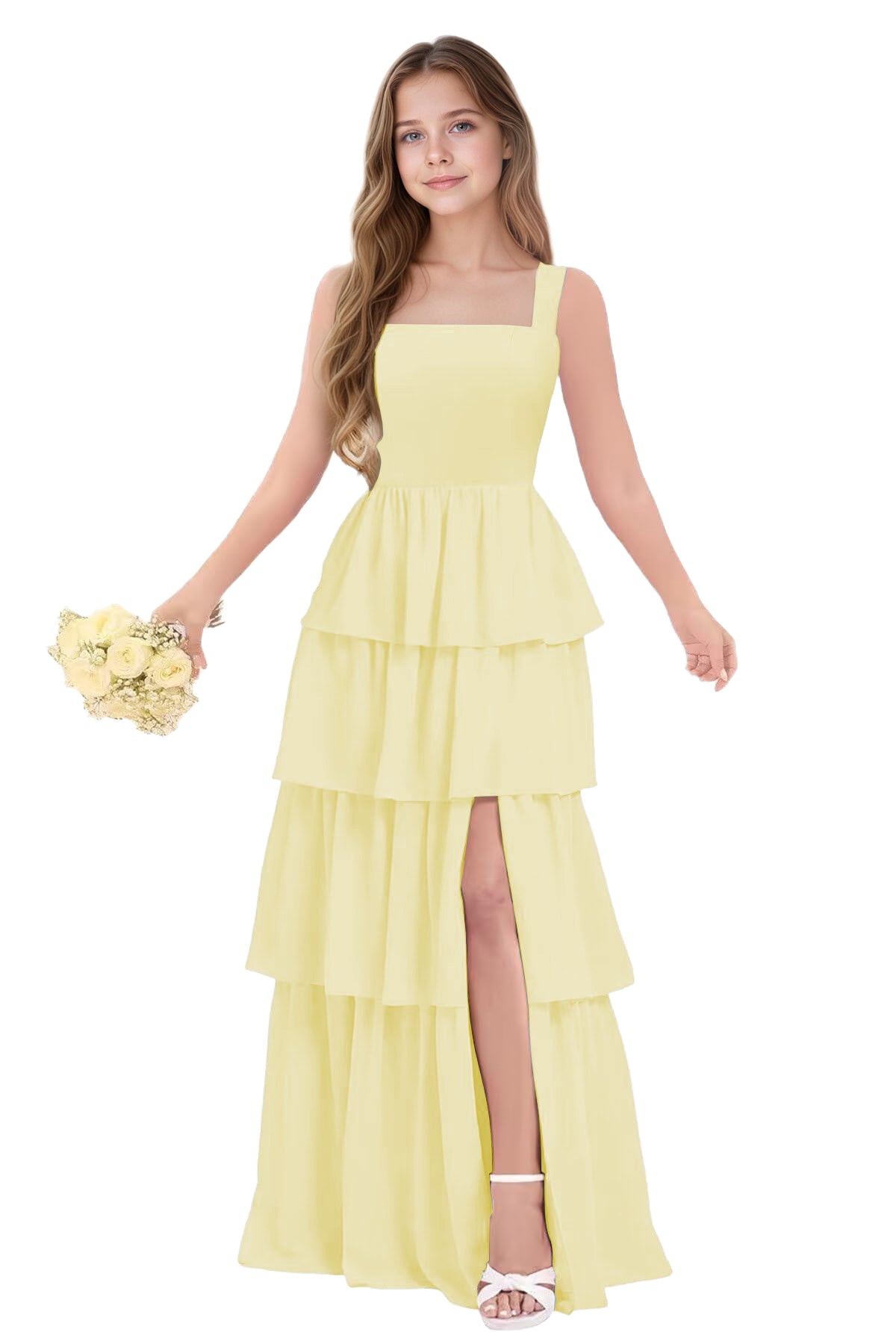 dideyttawl Junior Bridesmaid Dress Spaghetti Strap Square Neck Layered Chiffon A-Line Flower Girl Dress with Slit 2509, Yellow / 10 dideyttawl Junior Bridesmaid Dress Spaghetti Strap Square Neck Layered Chiffon A-Line Flower Girl Dress with Slit 2509, Yellow / 10