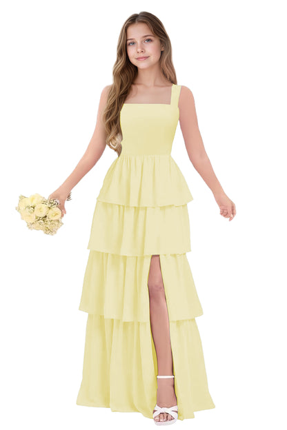 dideyttawl Junior Bridesmaid Dress Spaghetti Strap Square Neck Layered Chiffon A-Line Flower Girl Dress with Slit 2509