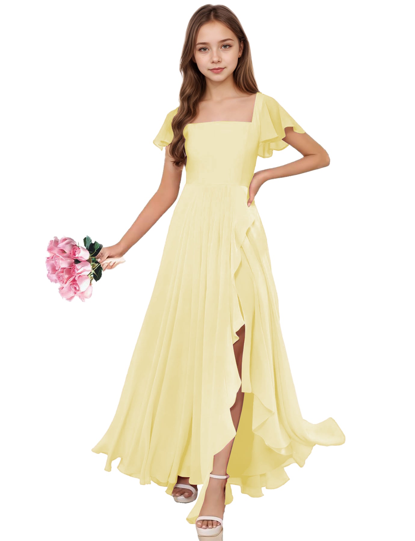 dideyttawl Junior Bridesmaid Dresses Ruffle Sleeve Square Neck Chiffon A-Line Flower Girl Dress with Slit 2508