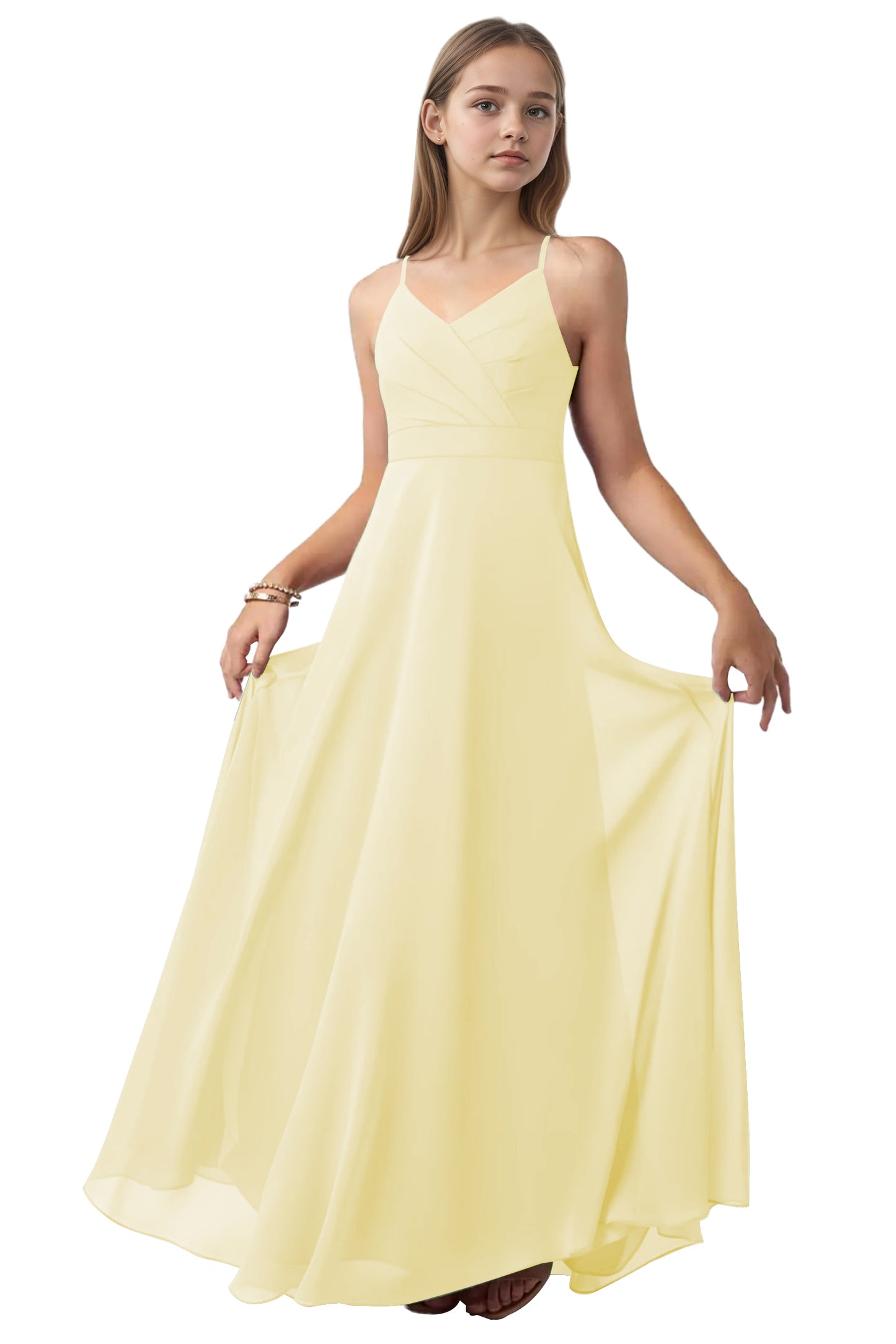 dideyttawl V-Neck Junior Bridesmaid Dress Spaghetti Straps Pleated Chiffon A-Line Flower Girl Dress 2510