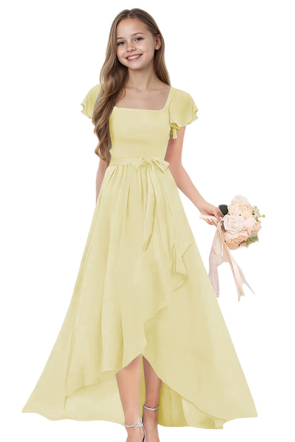 dideyttawl Long Junior Bridesmaid Dresses Ruffle Sleeve Square Neck Chiffon Flower Girl Dress for Wedding 2507