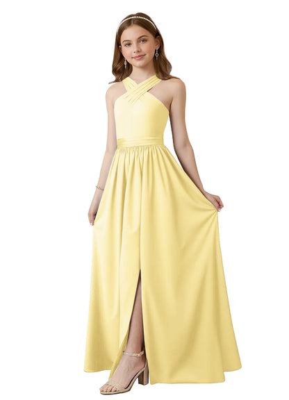 dideyttawl Junior Bridesmaid Dresses for Teen Girls Satin Halter A-Line Flower Girl Dress for Wedding 2531