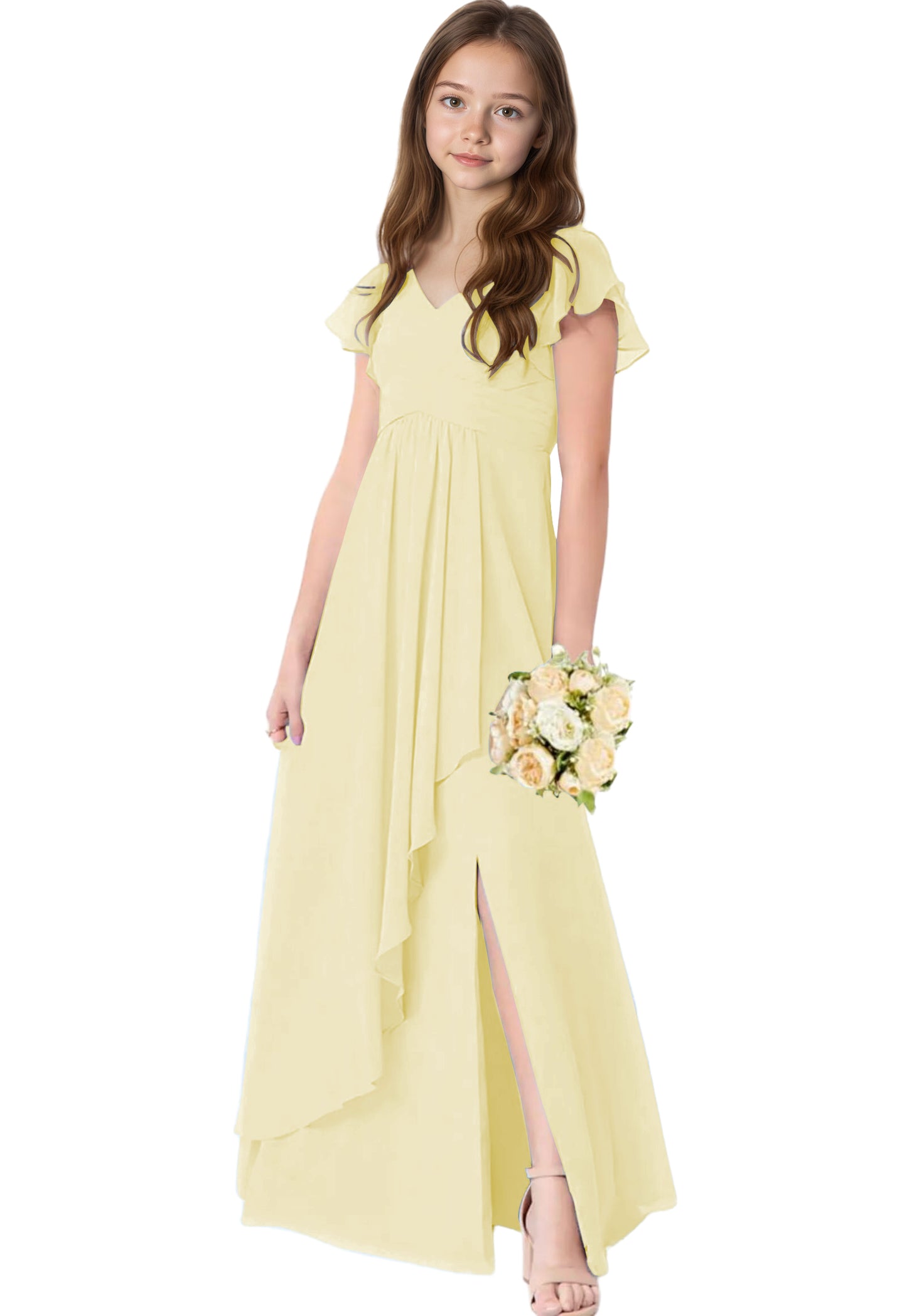 dideyttawl Chiffon Junior Bridesmaid Dresses V Neck Ruffle Sleeves Chiffon Pleated Flowy Flower Girls Dress or 4-16 2506